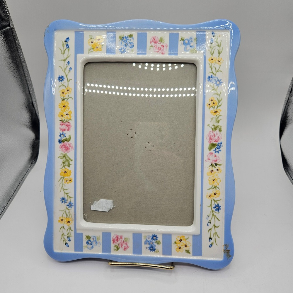 Vintage Ceramic Floral Picture Frame Blue Stripes Scalloped Edge 5x7 Cottagecore